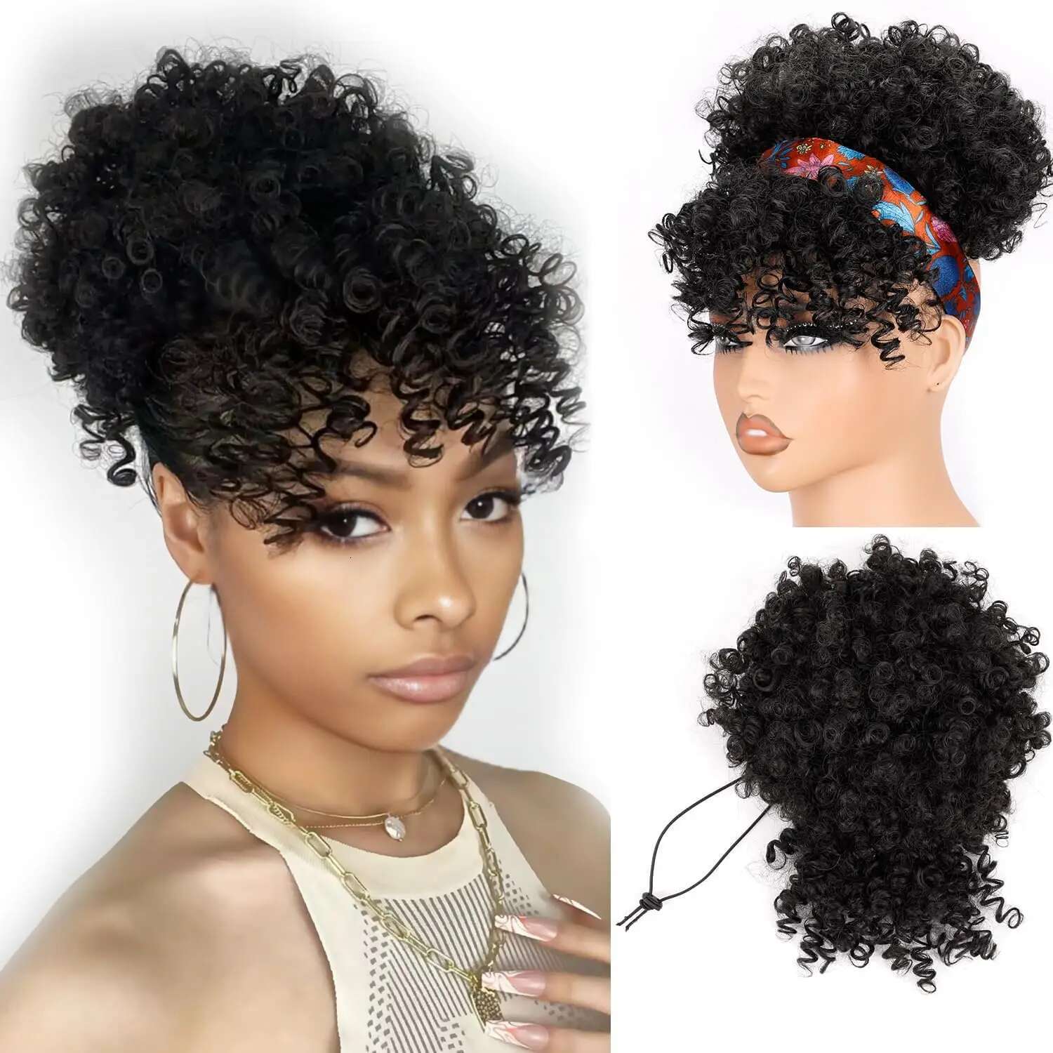 Drawstring With Bangs Synthetic Afro Puff Ponytail Extensions Short Curly Clip In Wrap Updo Hairpiece For Women