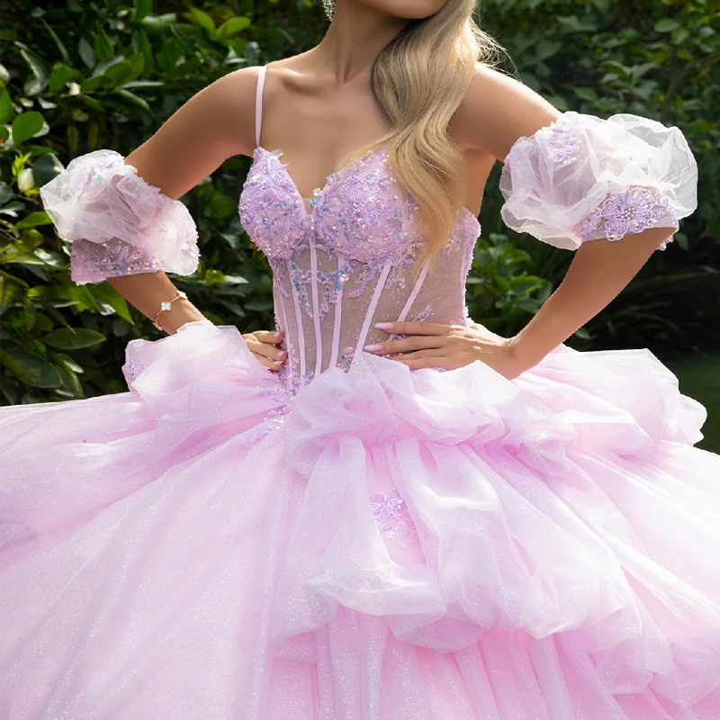 Pink Shiny Quinceanera Dresses Ball Gown Spaghetti Strap Applique Bow Beads Tull Corset Sweet 16 Dress Vestidos 15 De Anos