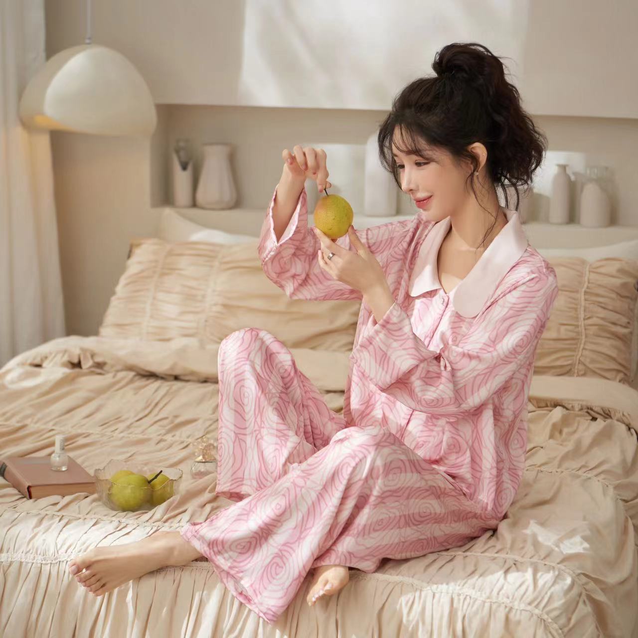 B740-Spring and summer pajamas women's suit rose pink stripes loose willow silk long sleeves thin home clothes pajamas