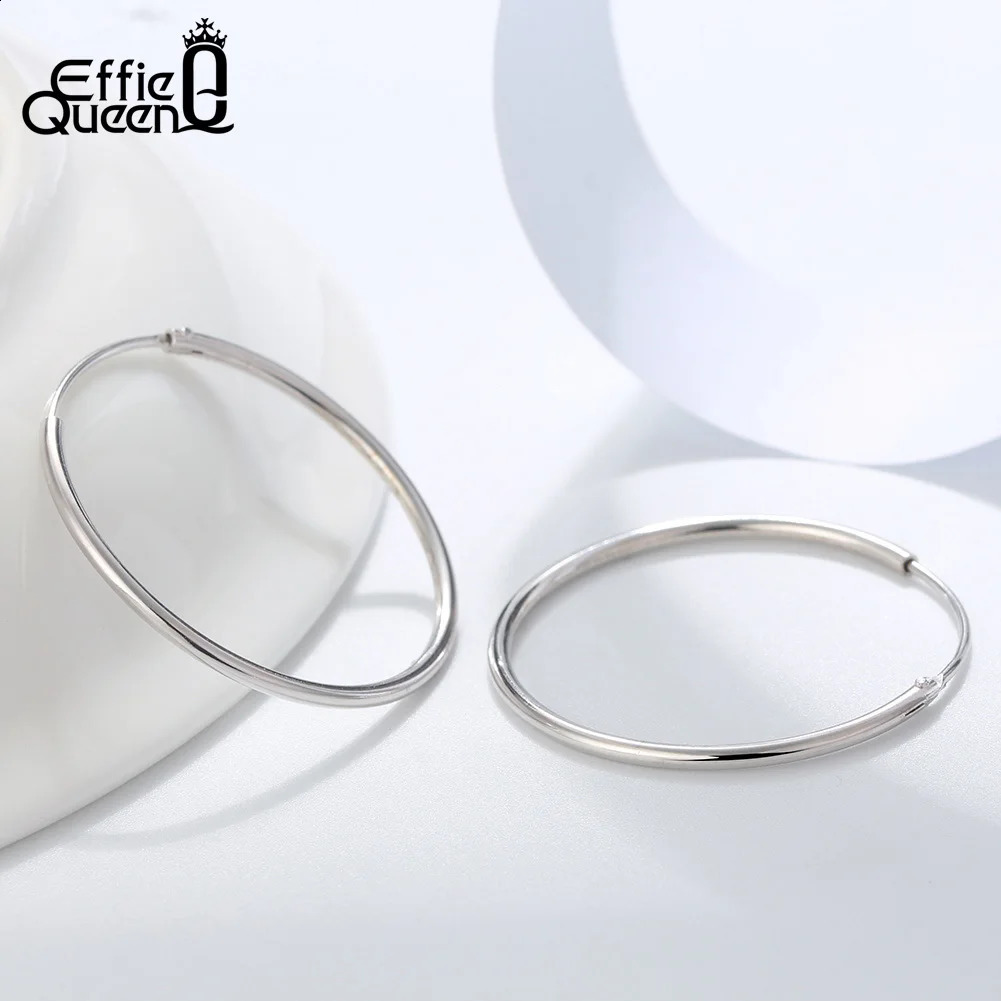 Effie Queens simple pure silver large hoop earrings with different sizes of 30mm 40mm 50mm. Minimum style earring accessories 250228