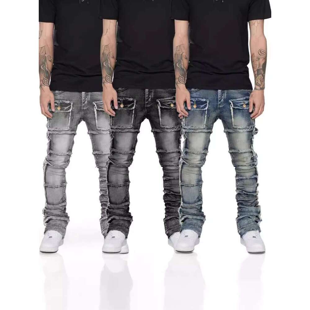Men's Regular Stacked Jeans Ripped Slim Fit Patch Distressed Destroyed Straight Denim Pants Hip Hop