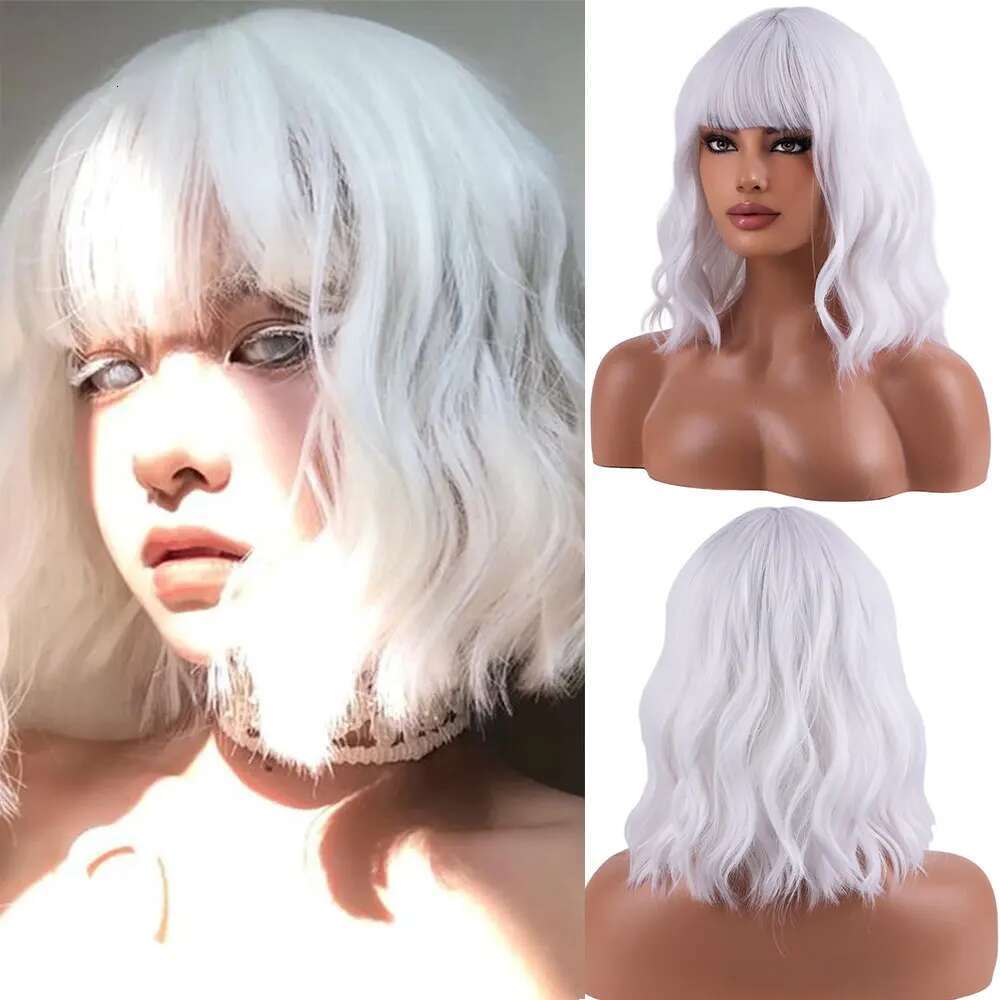 White Bob Synthetic Short Curly Wavy Lolita Natural Hair Wigs With Bangs For Women Heat Resistant Cosplay Wig
