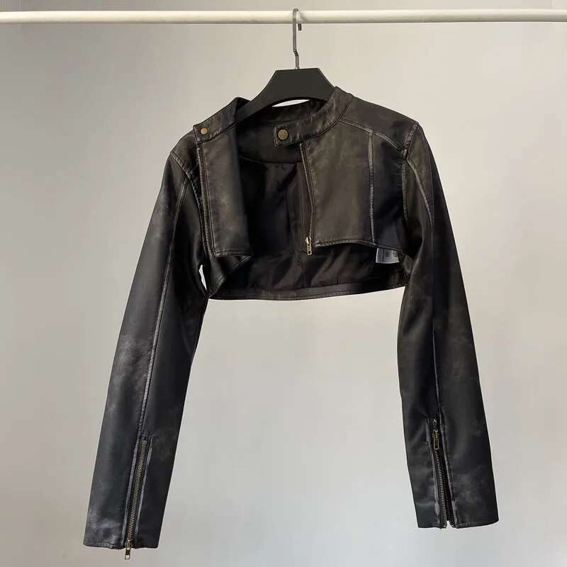 Black Brown Biker Faux Leather PU Spicy Girl Smock Cropped Zipper Jackets Short Coat Women Rave Outfits Kpop Streetwear