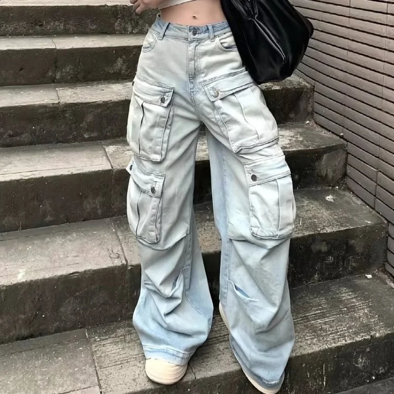American Retro Multi Pocket Workwear Womens Jeans Sense Straight Tube Loose Wide Leg Pants Floor Length Pants Trendy 250224