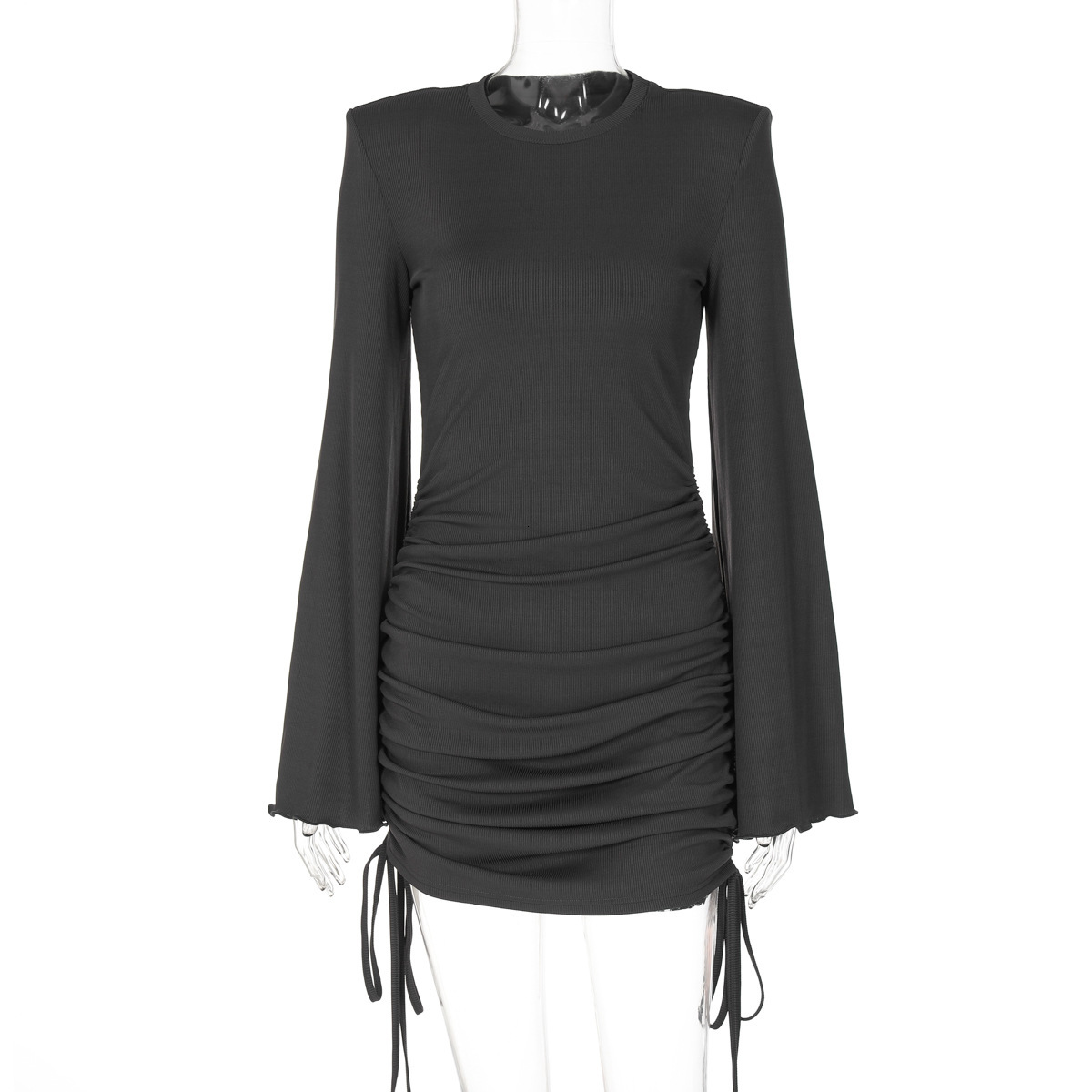 Hot Selling New4 Autumn New Fashionable Spicy Girl Flared Sleeve Round Neck Drawstring Short Hip Hugging Dress