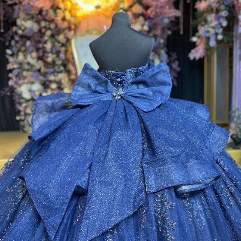 Navy Blue Shiny Quinceanera Dresses Ball Gown Off The Shoulder Applique Lace Beads Bow Tull Party Birthday Sweet 16 Vestidos 15 Anos