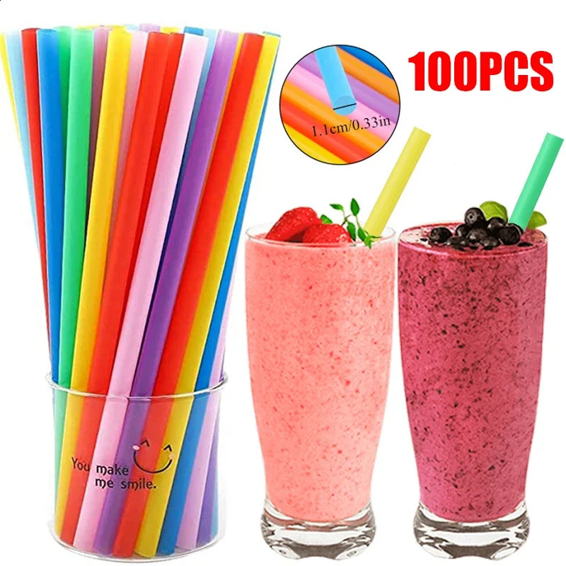 100Pcs Wide Large Disposable Straws Colorful Plastic Drinking Straws Wedding Party Birthday Milktea Juice Straw Bar Accessories 250228