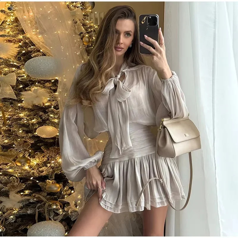 Elegant Lace Up Bow Puff Long Sleeve Mini Dresses Sexy Slim Solid Pleated Skirt Fashion Women 2025 High Street Vestdios 250227Z