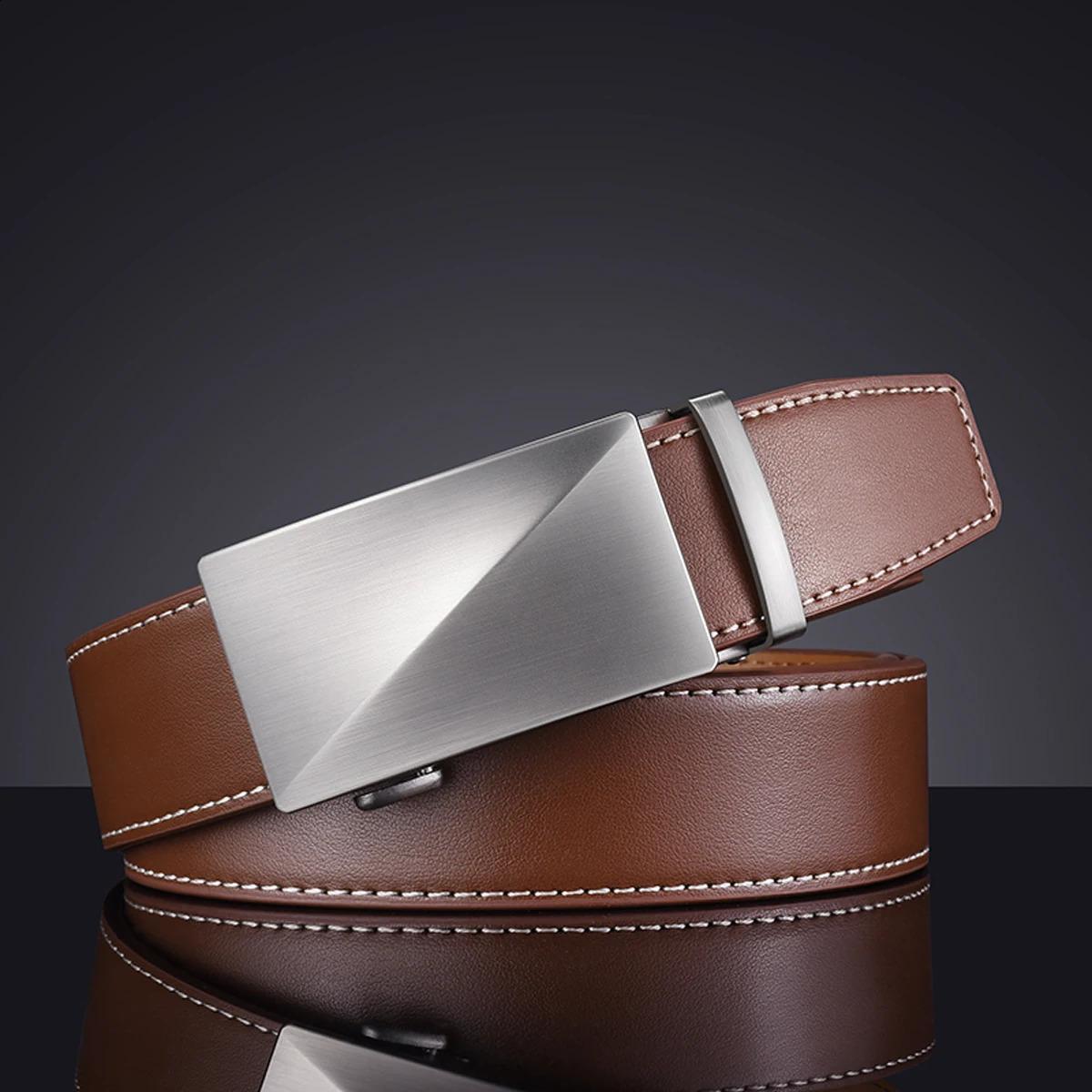 Mens belt simple and versatile for business and leisure smooth belt coffee brown leather cowhide automatic middle-aged pant 250227
