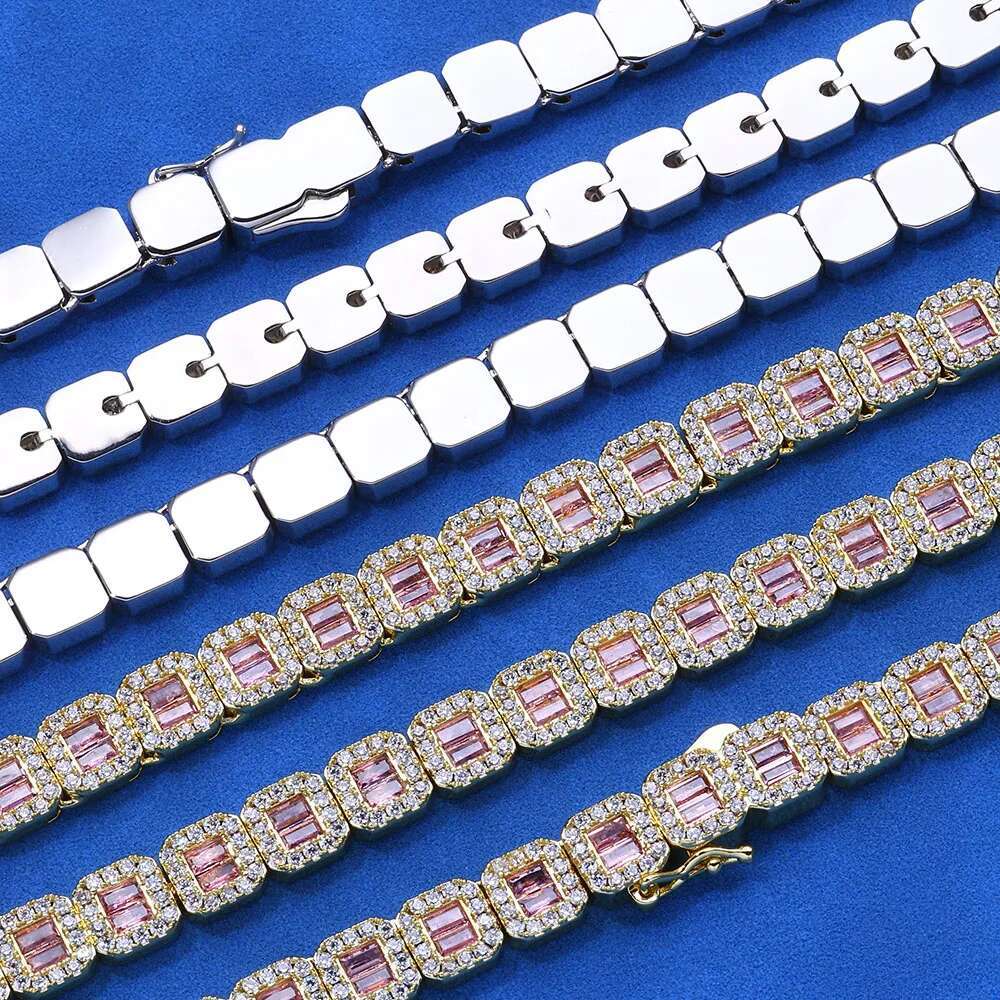 HHIOK Baby Pink CZ Tennis Choker Square Round AAAAA Zirconia Bg Necklace Bracelet Rapper Jewelry
