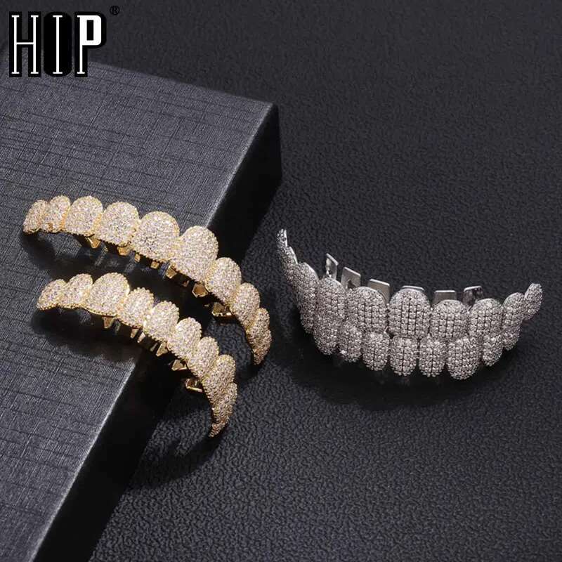 Hip Hop Full CZ Stones Long Teeth Grillz Caps Cubic Zircon Iced Out Micro Pave Top&Bottom Charm Grills For Men Women Jewelry