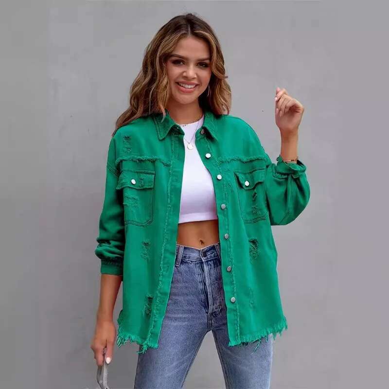 2024 New Broken Holes Solid Color Denim Jacket Ladies Comfortable Casual Loose Button Cardigan Coat Streetwear Women's Outerwear