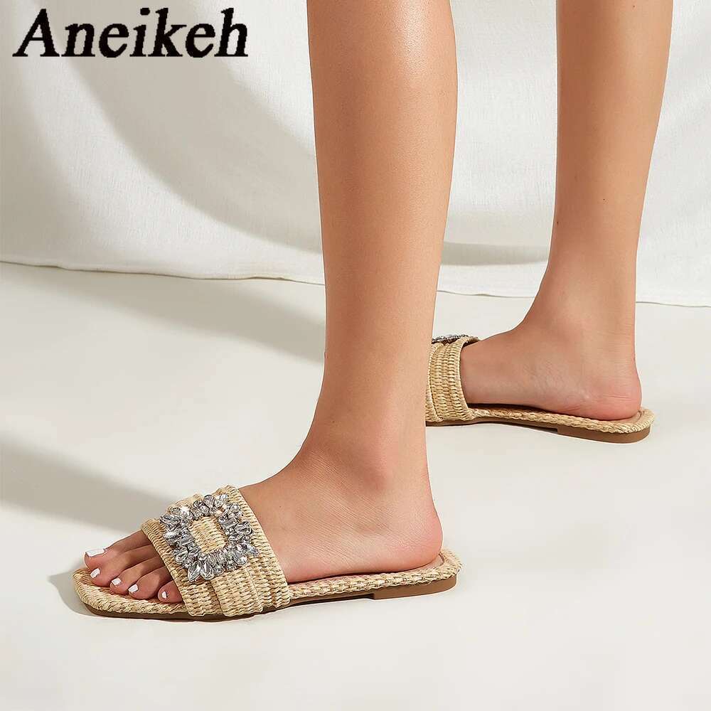 Summer Casual Aneikeh Fashion Square Headed Cane Knitted Heels for Women Slippers Flat Bottom Crystal Sandals Beach Slides