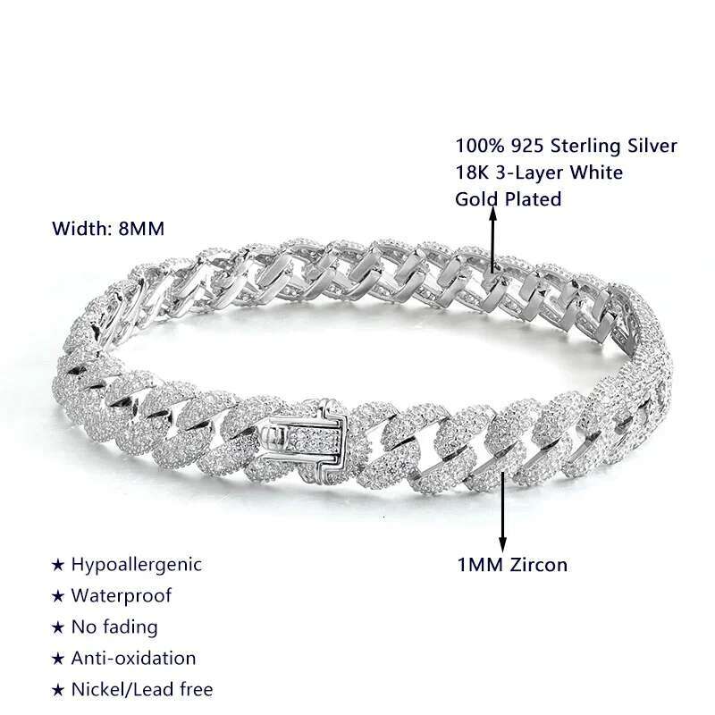 Hip Hop Cuban Tennis Bracelet for Man Full Dia Sparkg Zircon S Sterg Sier Plated White Gold Party Bracelets