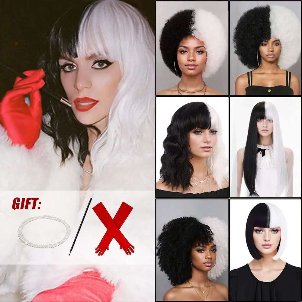 Cruella De Vil Synthetic White And Black Cosplay Wigs For Halloween Long Straight Wig With Bangs/Short Curly Bob Wig/Afro Wig
