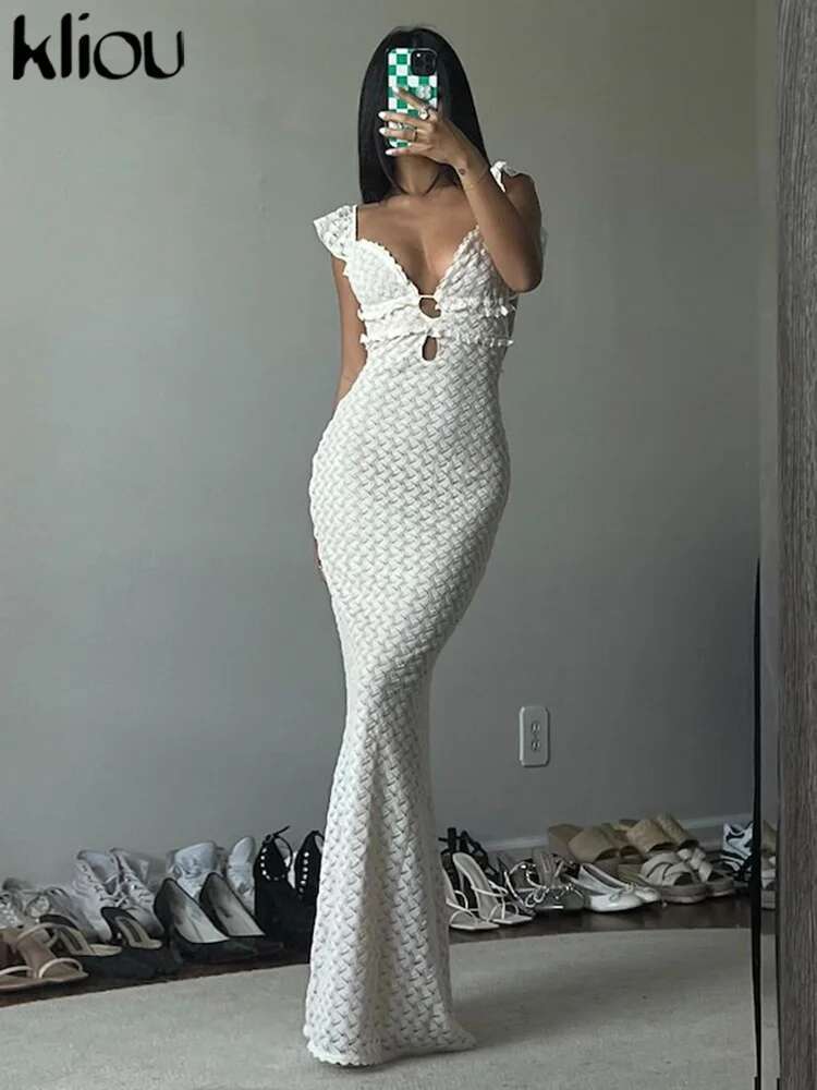 Kliou Patchwork Long Dress Women Summer Concise Romantic Ruffle Sexy Backless Crochet Vestidos Fashion Mujer Party Evening Wear