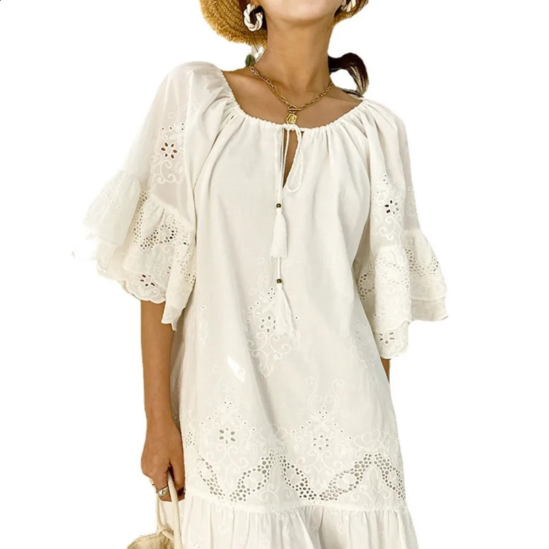 2024 Spring Summer Short Dress Solid Color Cotton Loose Waist White Lace Pullover Vacation Style 250227Z