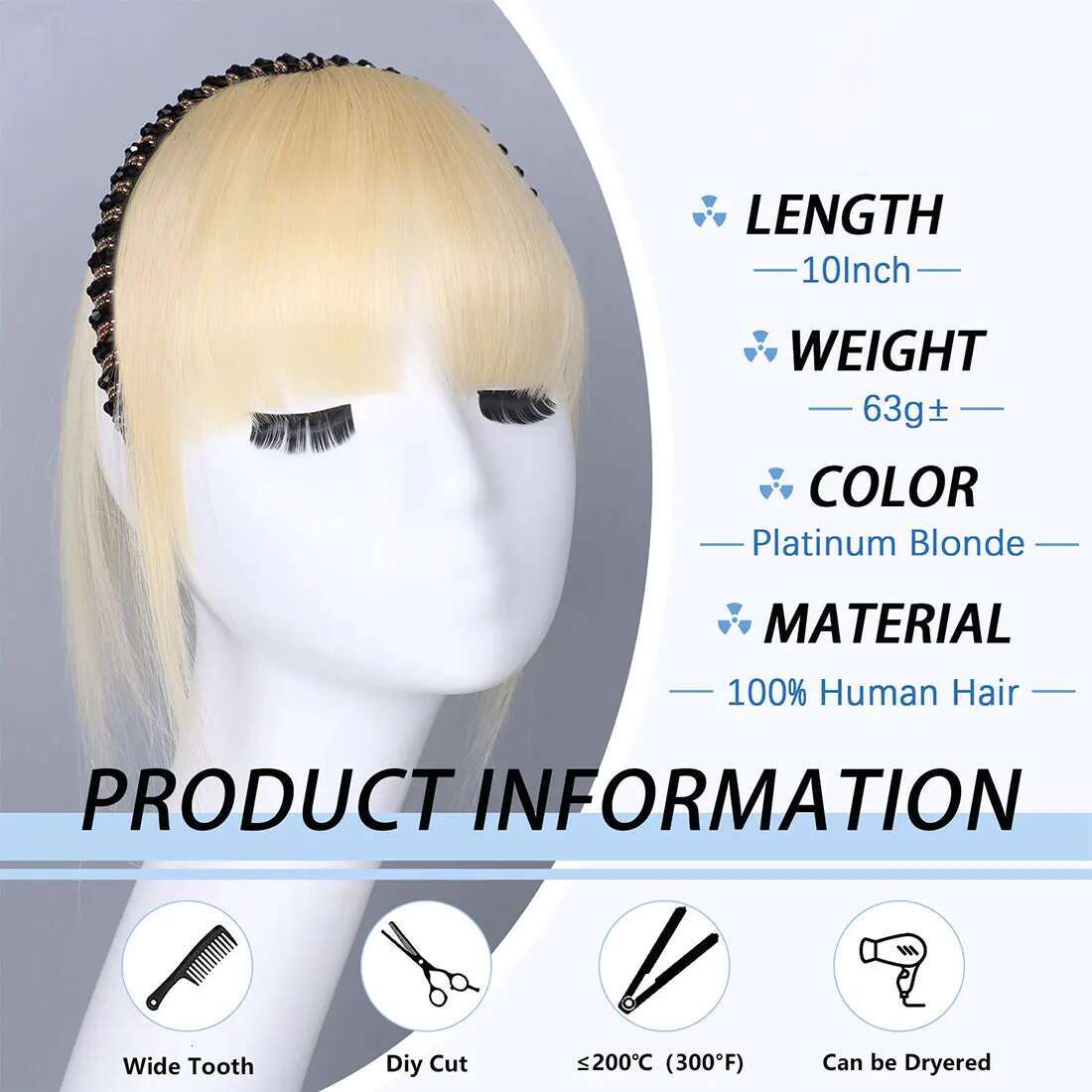 Platinum Blonde Human Toppers Rhie Women Clip In Bangs With Band Straight Hairpiece For Thinning Hair