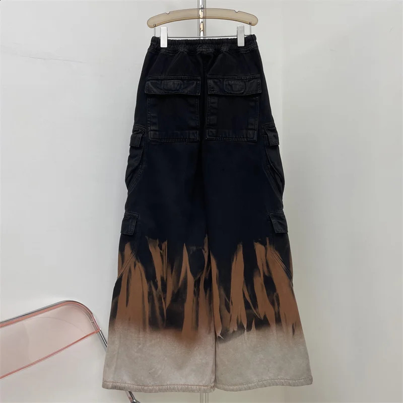 Womens jeans flame dyed multi pocket cargo pants for spring Womens pants Couple style loose cotton wide leg pants y2k 250224