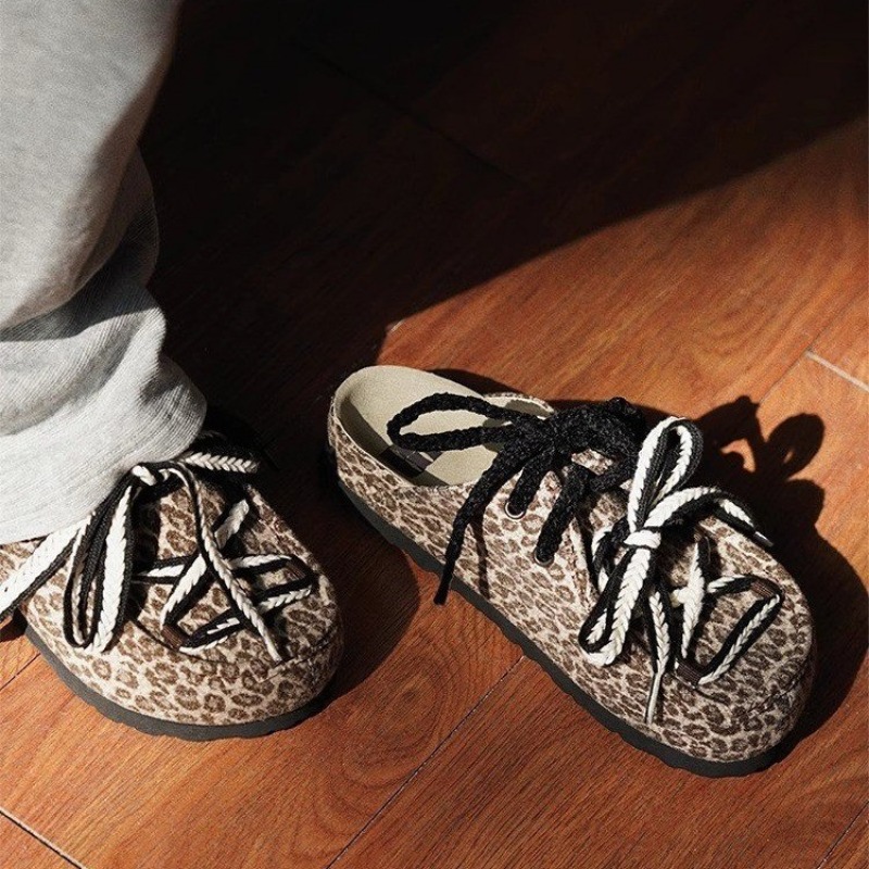 2025 New Women's Anti slip Ballet Half Slippers Leopard Pattern French Retro Slippers Women's Summer Outerwear Platform Sandals