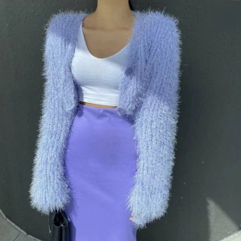 Womens Yellow Mink Cashmere Knitted Cardigan Vneck Velvet Mohair Sweater Coat Longsleeved Wild Plush Singlebreasted Crop Tops 250225