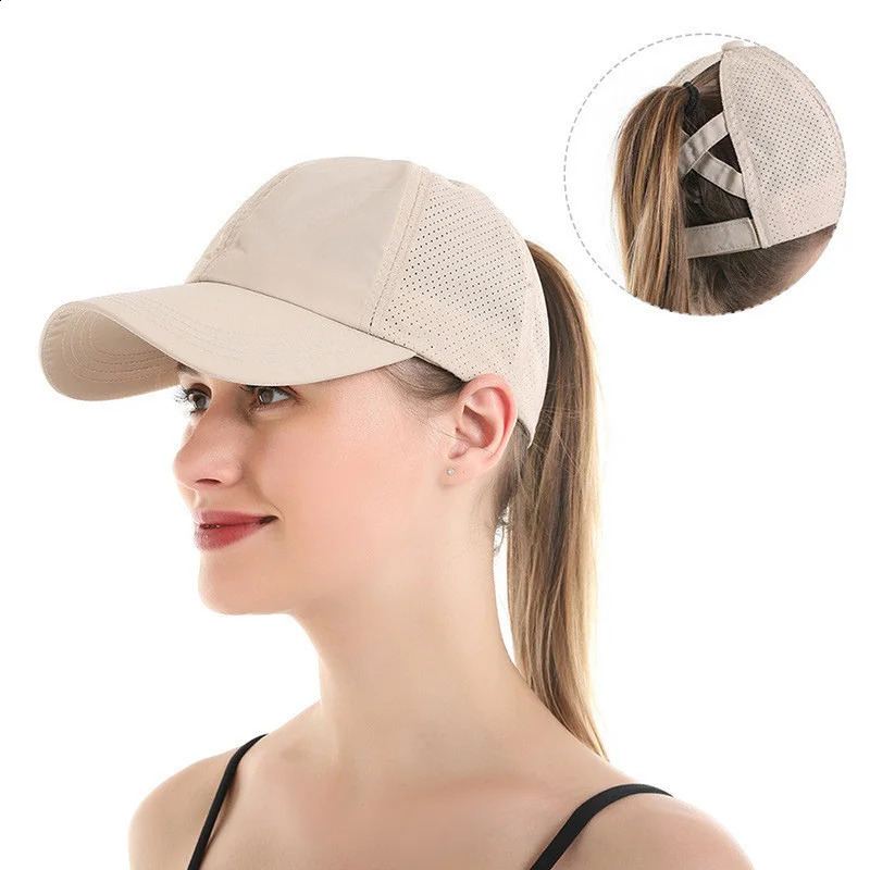 Summer Solid Color Baseball Cap Womens Athleisure Cross tail Hat Mesh QuickDrying Visor 250228