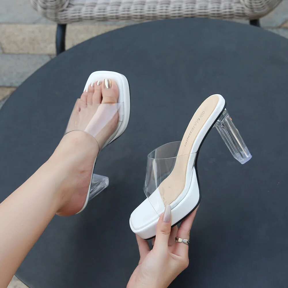 PVC Crystal 2025Transparent Cup high-heeled Sexy Casual Shoes Plus Size Women Open Toe Transparent Slippers