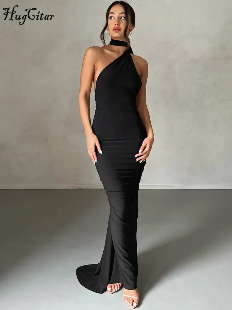 Hugcitar One Shoulder Backless Adjustable Scarf Loop Ruched Sexy Maxi Dress 2025 Women Elegant Y2K Streetwear Festival Outfit 250228