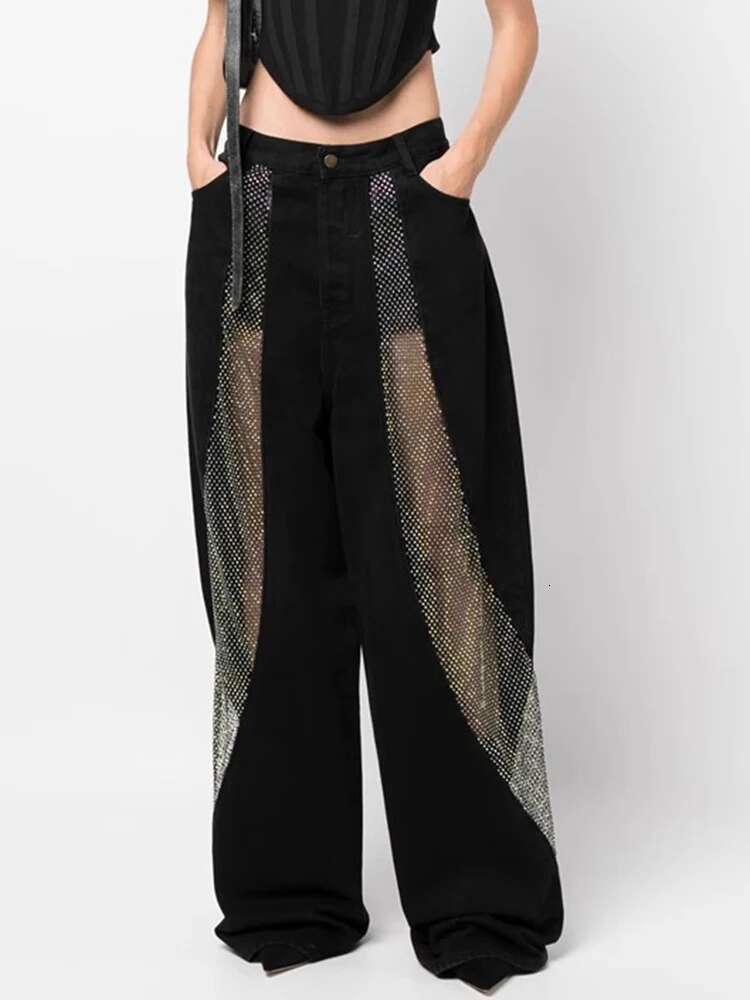 DEAT Fashion Women Jeans High Waist Hollow Out Perspective Grid Laser Nail Drill Pockets Wide Leg Pants Summer 2024 New 7Ab4277