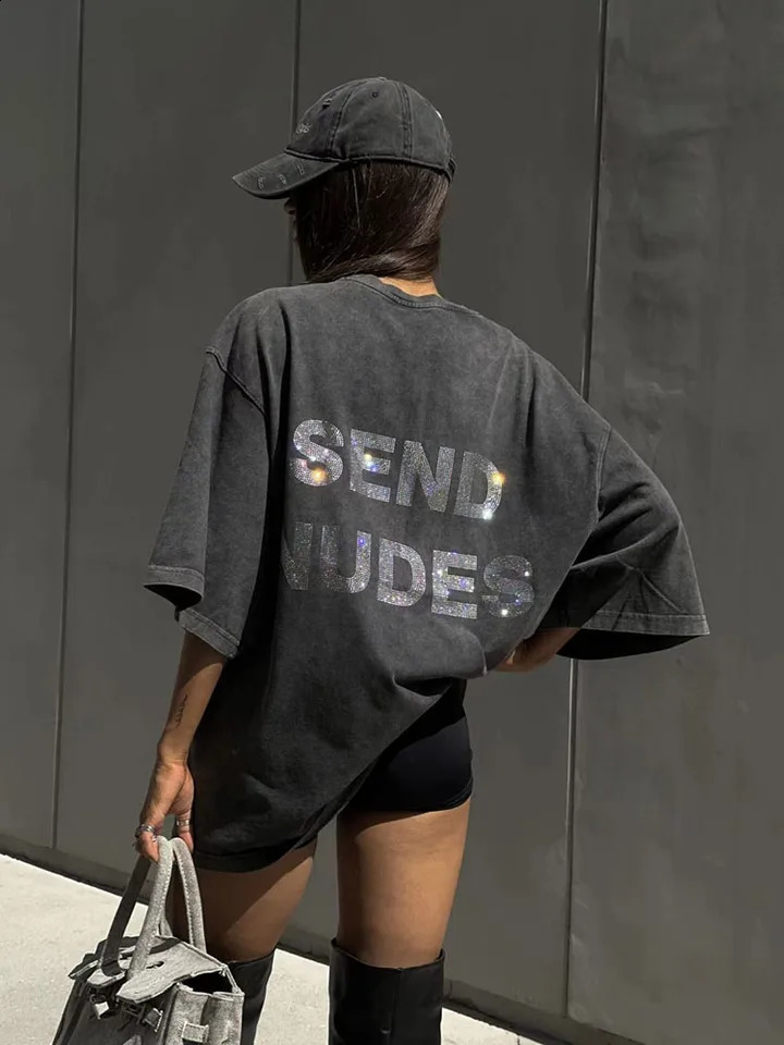 Cotton Summer Streetwear Oversize Diamond T Shirt Women Washed Vintage Loose Casual INS BF Short Sleeve Women 250225