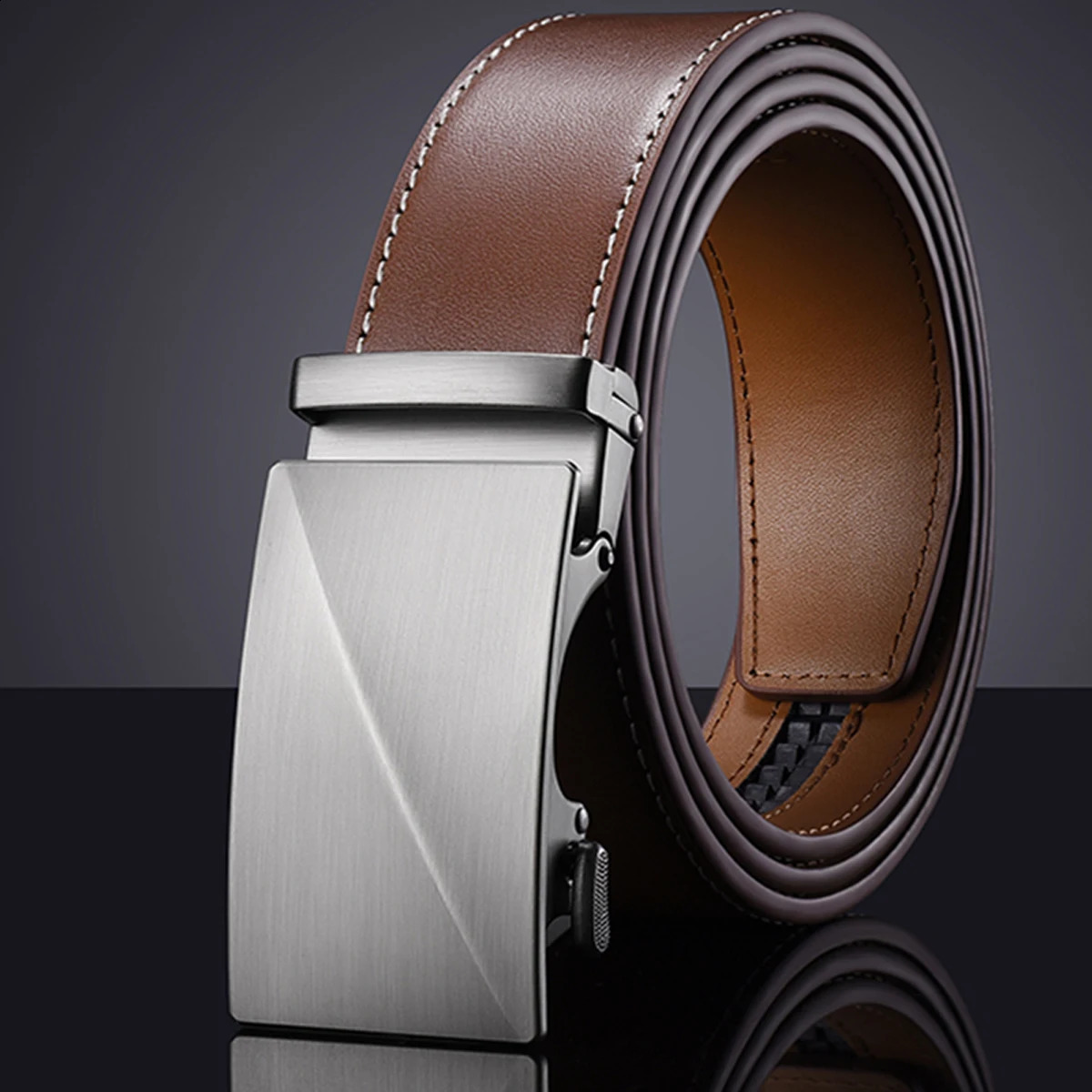 Mens belt simple and versatile for business and leisure smooth belt coffee brown leather cowhide automatic middle-aged pant 250227