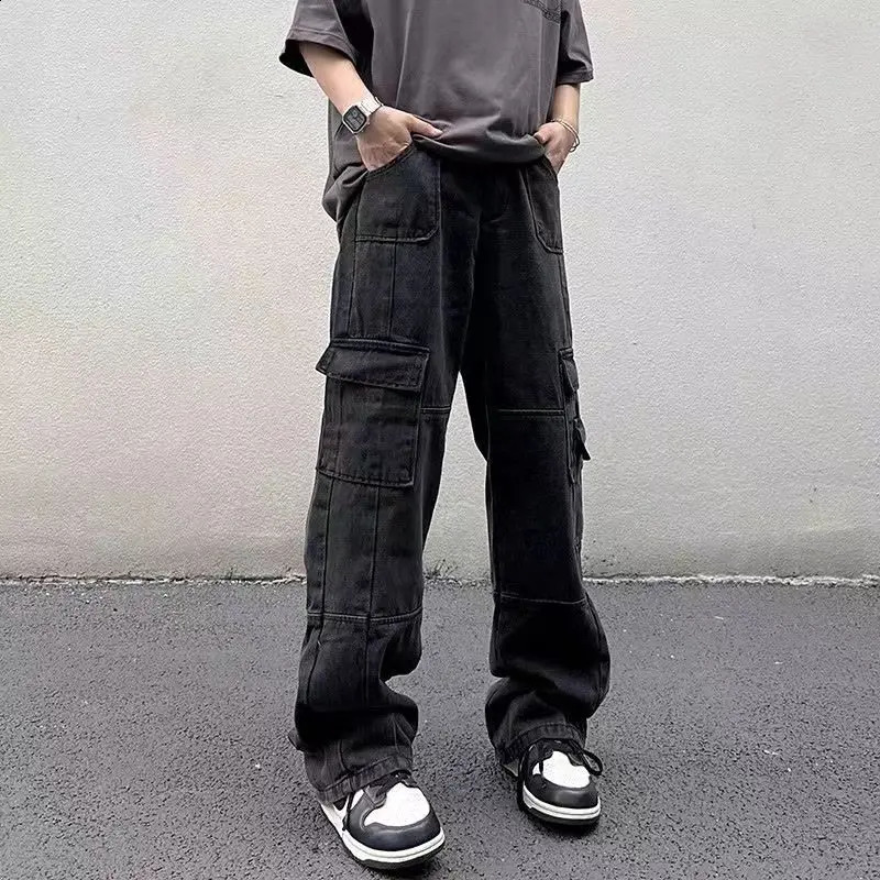 Mens cargo pants with multiple pockets on the street black and gray work pants suitable for mens loose pants high waisted retro straight leg jeans 250