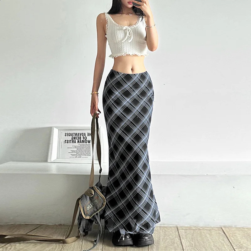 Aesthetics Retro Plaid Print Mesh Long Skirts Y2K Vintage 90s Low Waist Double Layer Straight Midi Skirt Korean Fashion Clothes 250228