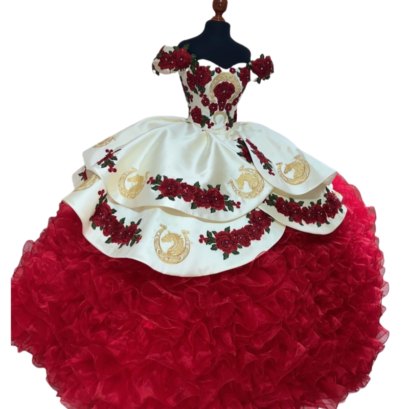 Classic White And Red Embroidery Quinceanera Dresses Tiered Ruffles Skirt Off Shoulder Floral Sweet 16 Dress Mexican Charro Vestido De 15 Anos Bow Bac
