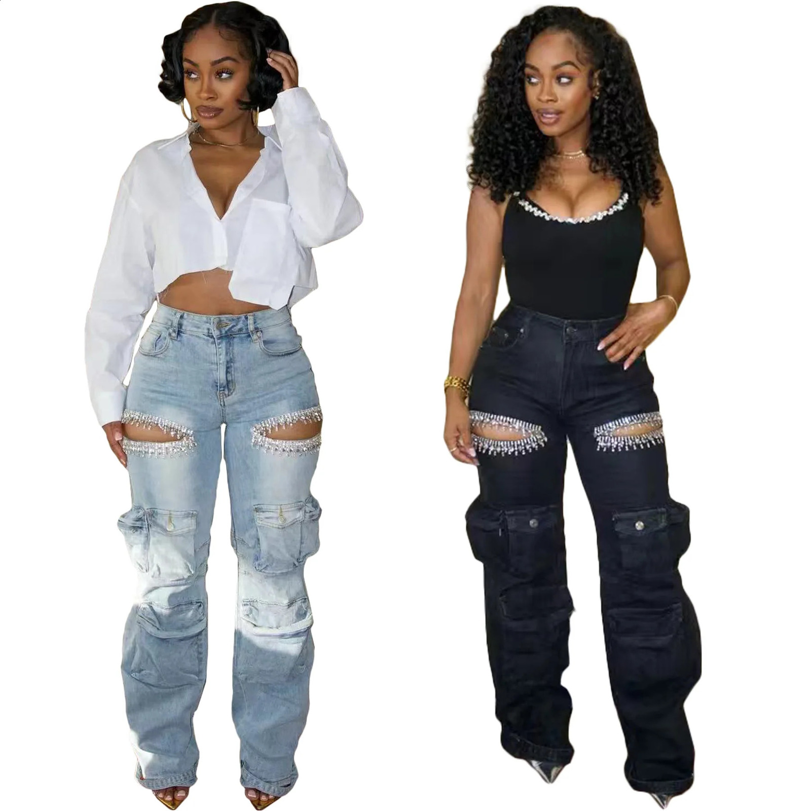 Shiny Rhinestone Multi Pockets Jeans Cargo Pants Sexy Women Elegant Hollow Out Diamonds Denim Straight Trousers 250224