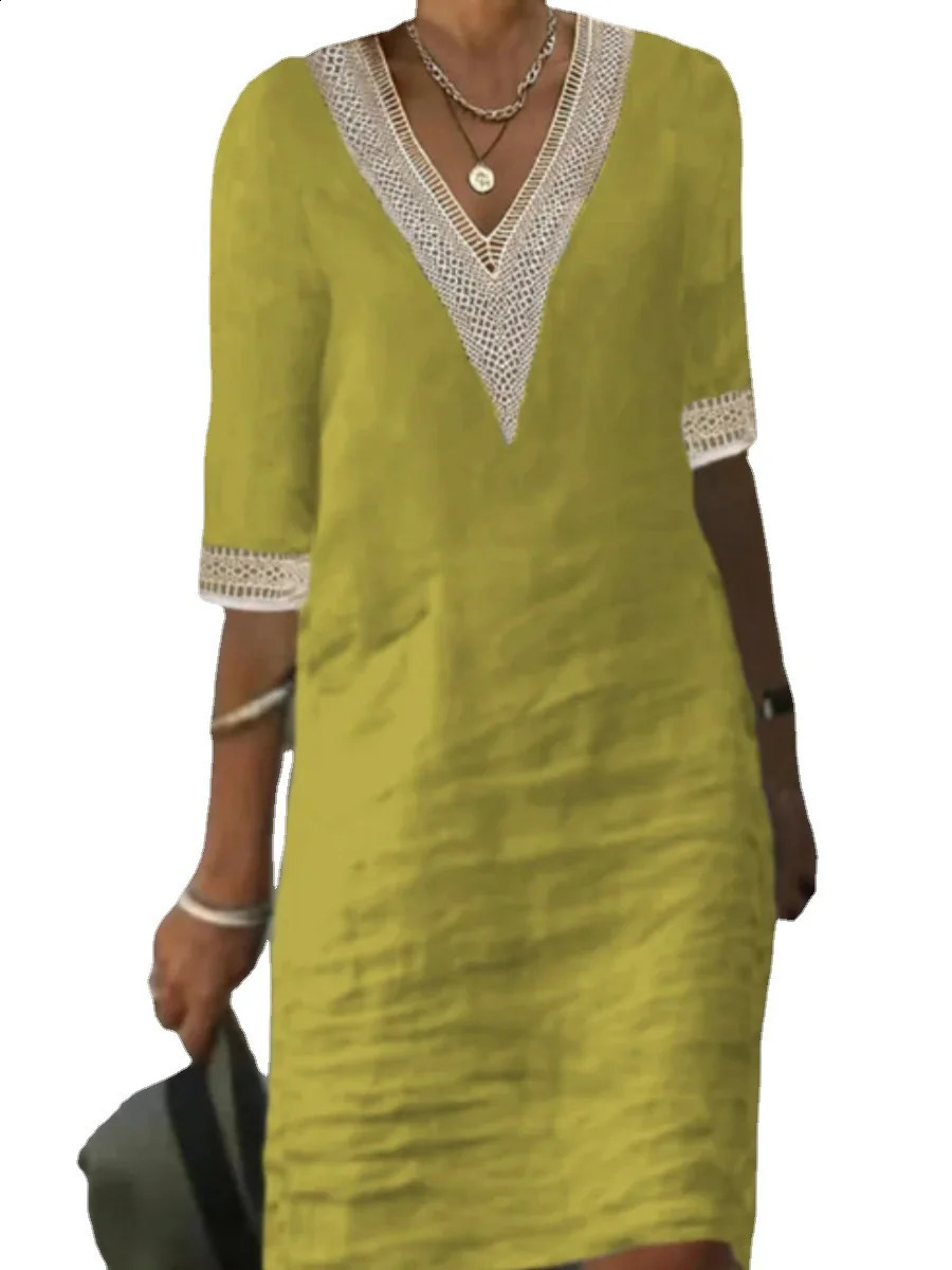 Womens cotton linen mini dress summer fashion retro solid V-neck loose dress womens casual elegant mid sleeved dress vest 250227