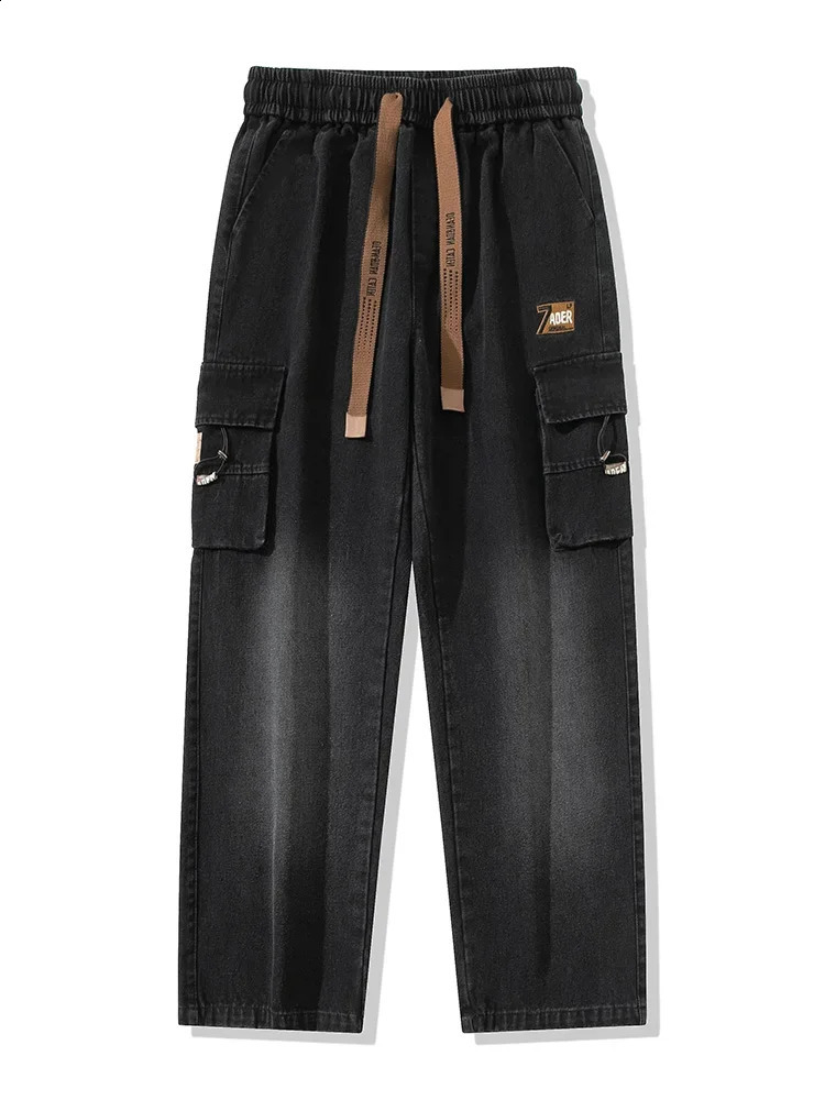 Autumn mens cargo jeans large pocket string wide pocket jeans brushed straight casual jeans 250226
