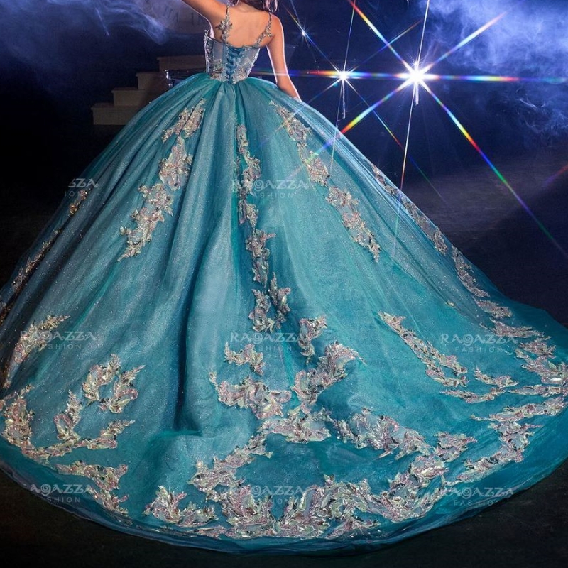 Water Blue Shiny Quinceanera Dresses Ball Gown Off Shoulder Applique Lace Beads Tull Corset Sweet 16 Dress Vestidos 15 De Anos