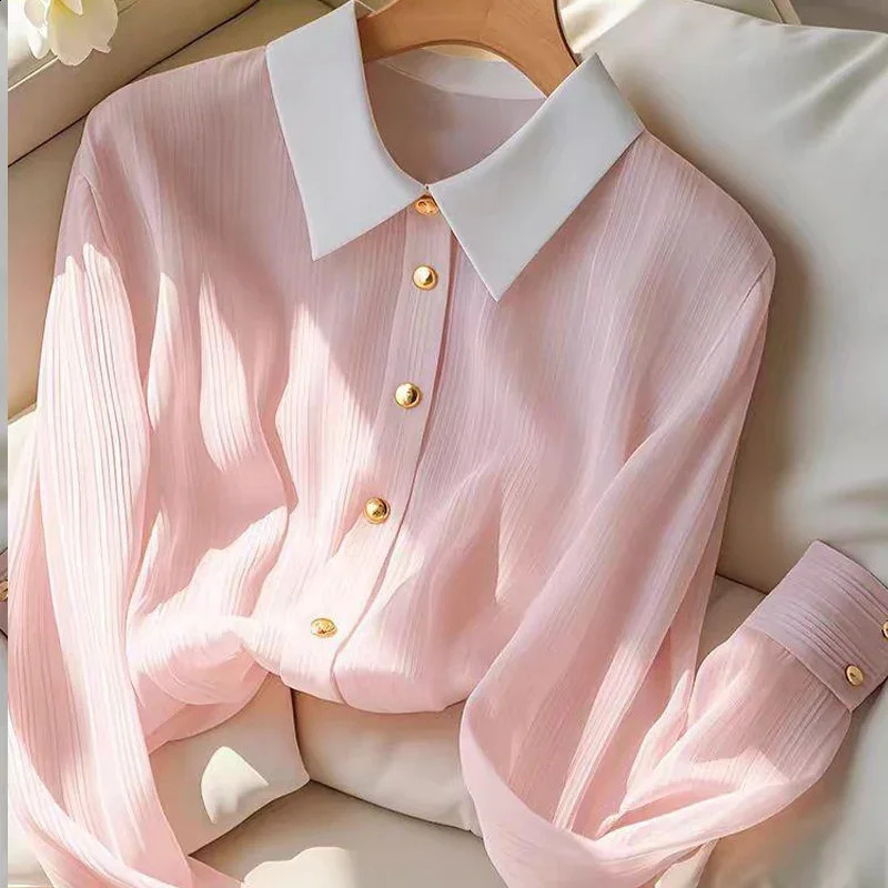 Long Sleeve Pink Shirt Spring Autumn Gentle Style Casual Loose Blouse Chic Tops Youthful Sweet Fashion Clothes for Women 250224