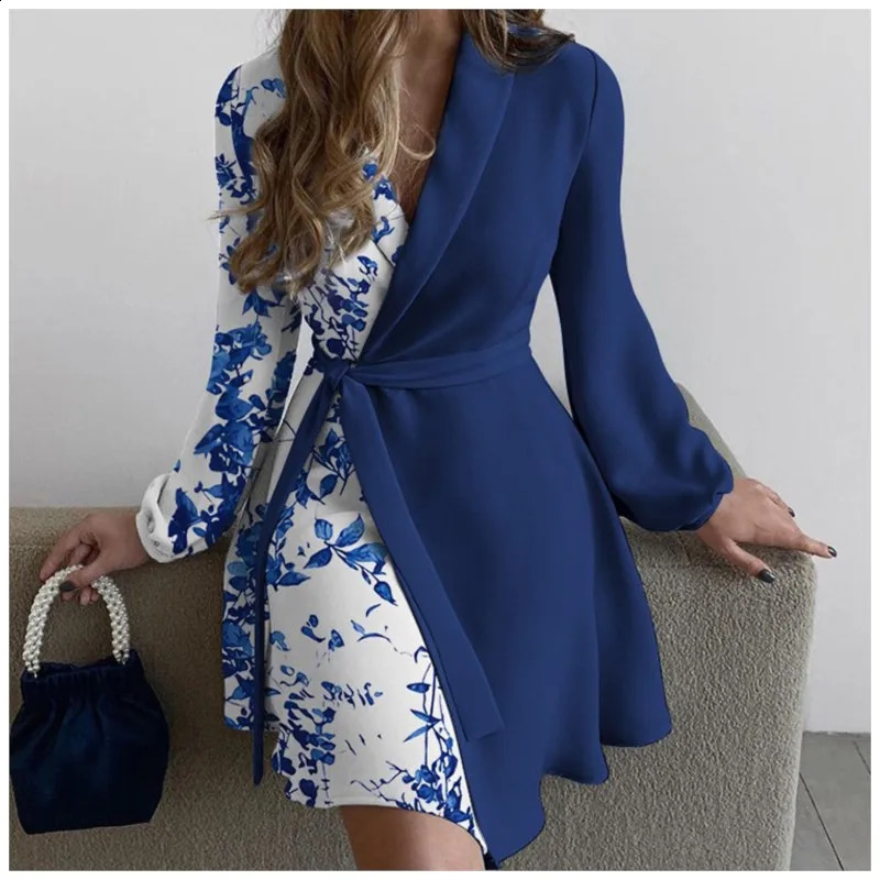Womens Summer Style Onepiece Color Blocked Lace Up Dress With Vneck Long Sleeved High Waisted Retro Floral Short Skirt 250227Z