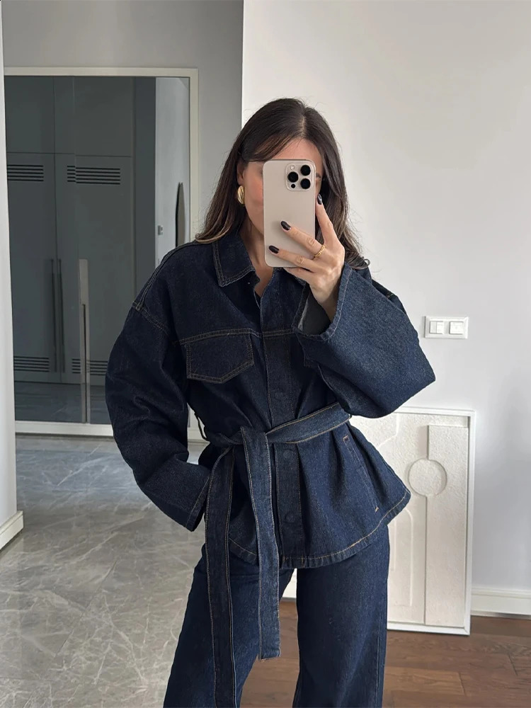 Vintage Women Denim Pants Set Laple Single Breasted Long Sleeve Belt Jackets Wide Leg Jeans Female Suit Chic Lady Outfits 250225