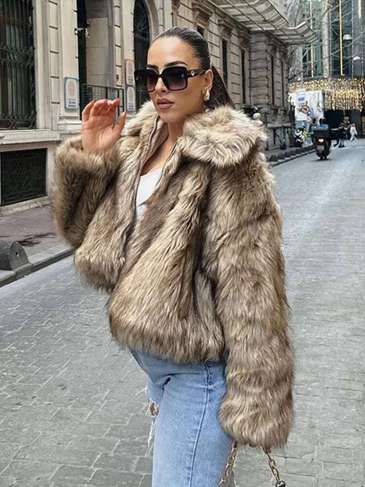 Fashion Faux Fur Coat Women Turn-down Collar Thick Zipper Warm Pocket Outwear Overcoat Fluffy Long Sleeve Ladies Jacket