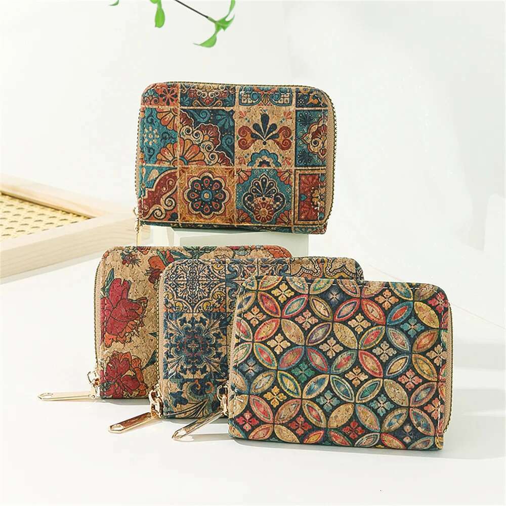 Retro Printed Short Zipper Small Wallet Portable Cork Coin Purse Multi Functional Slot Women's Card Holder Wallets