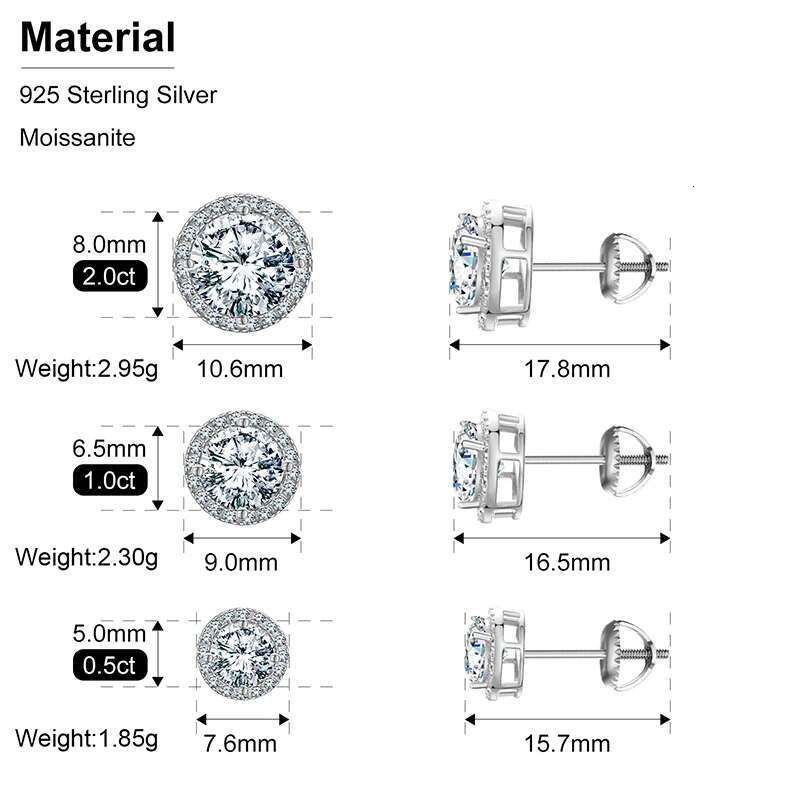 Sterg Sier Real 0.5-2CT Moissanite Stone Round Stud Earrings For Women Men Fashion Jewelry Pass Dia Test ICEOUTBOX