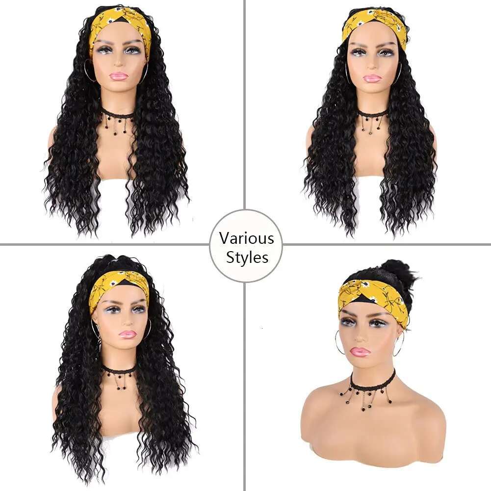 Black Women Synthetic 24Inch Wet And Wavy Headband Wig Curly Wave Long Wigs For Daily Party