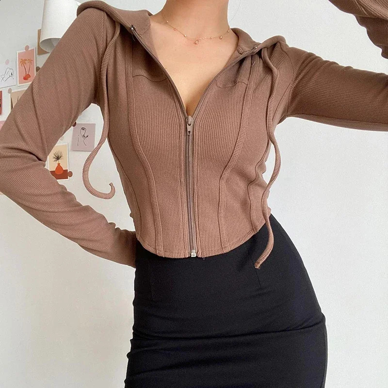 Streetwear Slim Fit Cropped Jacket Women Korean Fashion Long Sleeve Hooded Crop Top Woman Wild Ribbed Zipper Up Sweatshirt 250225
