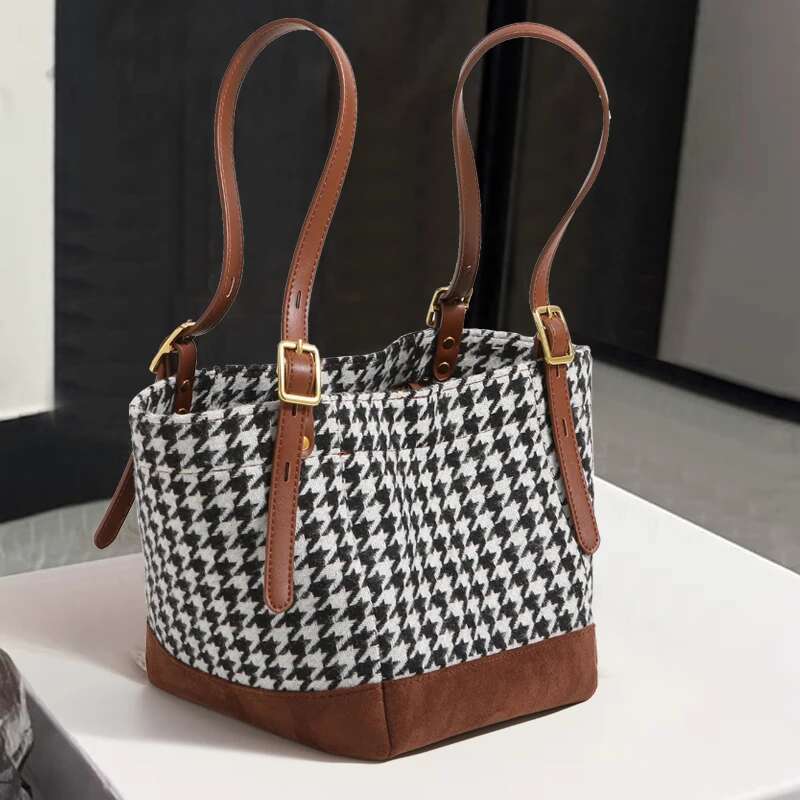 England Style Houndstooth Tote Bag For Women Designer Handbags Purses New In Woolen With Inner Pocket Cloth Shoulder