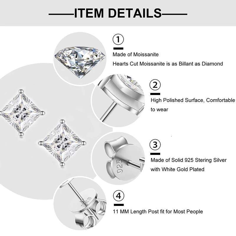 Princess Cut 1-2.4 Ct Moissanite Earrings for Women Men Sterg Sier Sparkg Dia Ear Studs Fine Party Jewelry Gifts