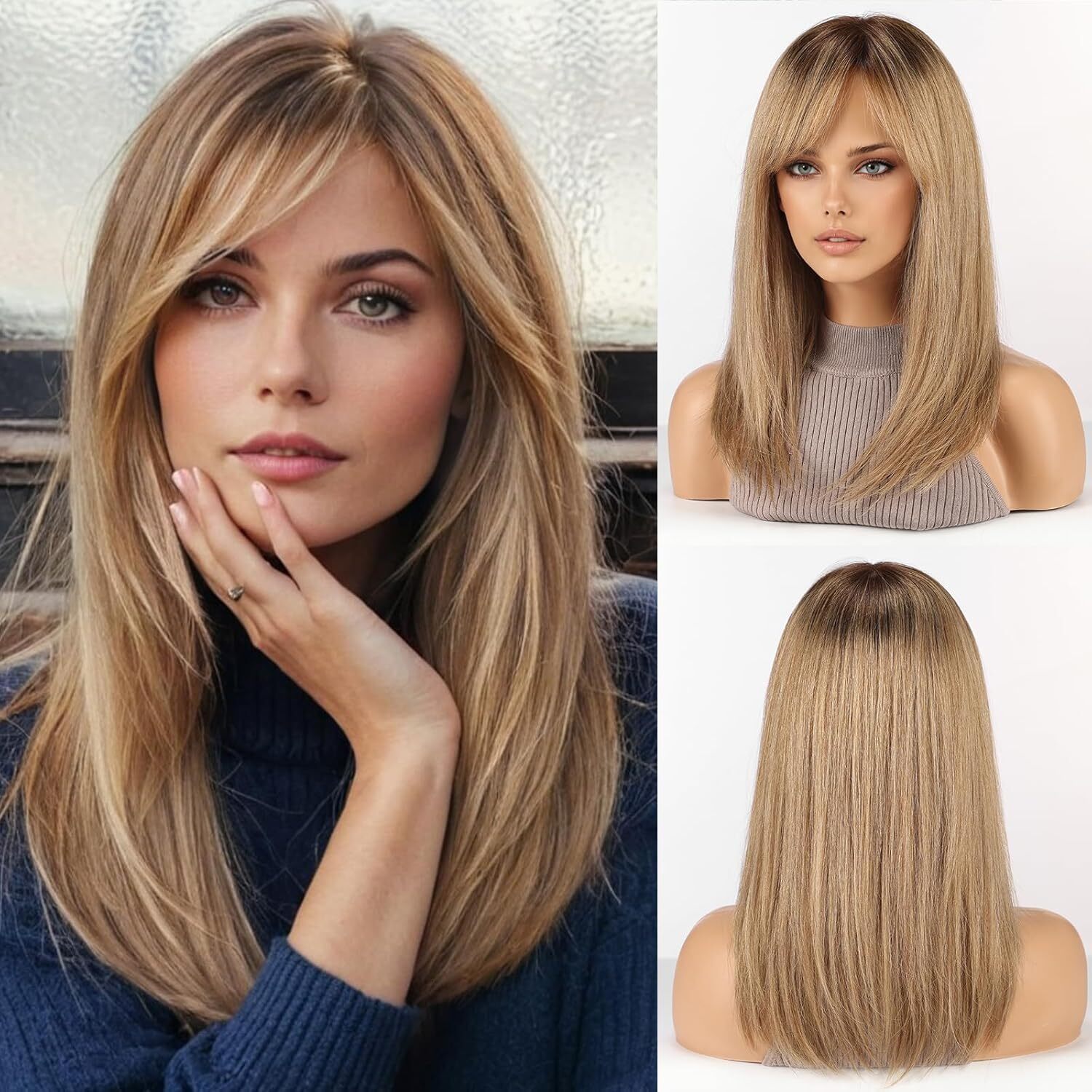 RSY Ombre Ash Blonde women's straight wig, shoulder length, layered real hair wig with bangs, suitable for daily party use