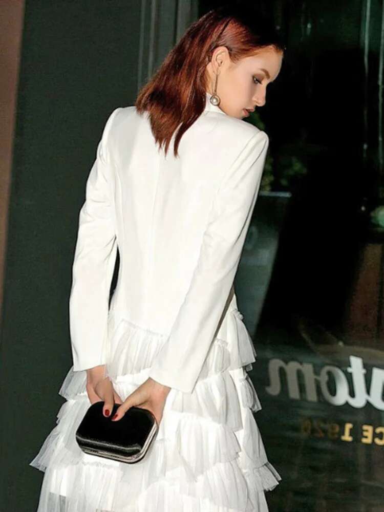 Fashion Elegant V-Neck Suit Mesh Dress All Match White Long Cake Skirt Women 2025 Spring Autumn 16U7263